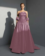 Satin Asymmetric Strapless Sleeveless Long Pleated A-Line Prom Dress With Beadings And Ruffles YK0766