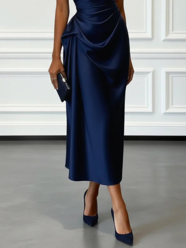 Purplish Blue Ruched Satin One Shoulder Sleeveless A-Line Midi Dress