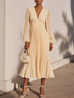 Light Blue Pleated Ruched Balloon Sleeve A-Line Midi Chiffon Dress