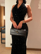 Cocoslly Halter Sleeveless High Waisted Long Mermaid Prom Dress With Sequins | Black Sequins CO0013