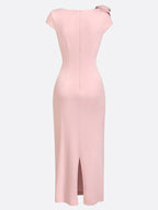 Pink 3D Floral Ruched Knit Asymmetrical Short Sleeve Bodycon Midi Dress