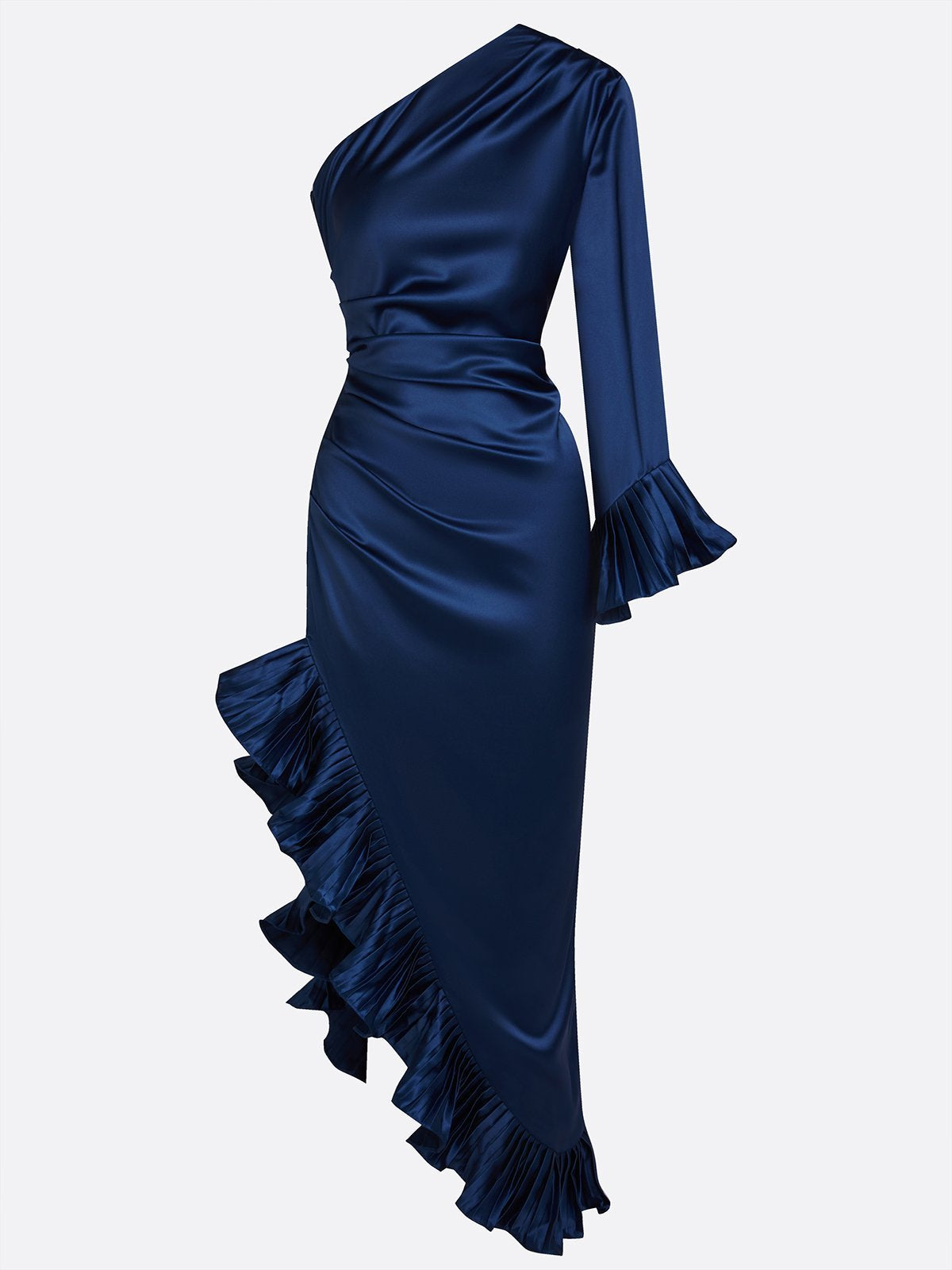 Navy Blue Ruffled Satin One Shoulder Long Sleeve Bell Sleeve Sheath Maxi Dress