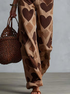 Retro Casual Heart Pattern Versatile Light Brown Denim Pants