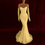 Cocoslly Strapless Sleeveless High Waist Long Mermaid Prom Dress With Rhinstone And Gloves | Smoky Silver Sequins WQ0579