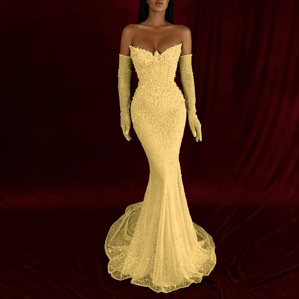 Cocoslly Strapless Sleeveless High Waist Long Mermaid Prom Dress With Rhinstone And Gloves | Smoky Silver Sequins WQ0579