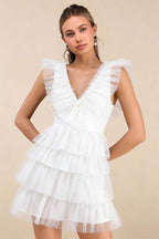 Cocoslly V-Neck Wide Straps Sleeveless Short A-Line Pleated Prom Dress With Ruffles | Black Tulle ZA0212