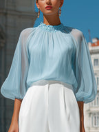 Sheer Pleated High-Neck Blouson Sleeve Blouse