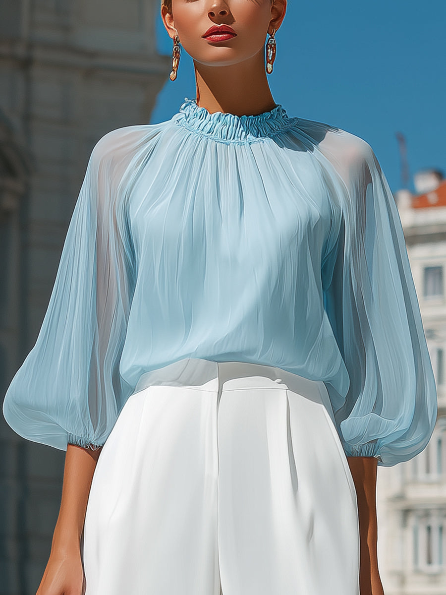 Sheer Pleated High-Neck Blouson Sleeve Blouse