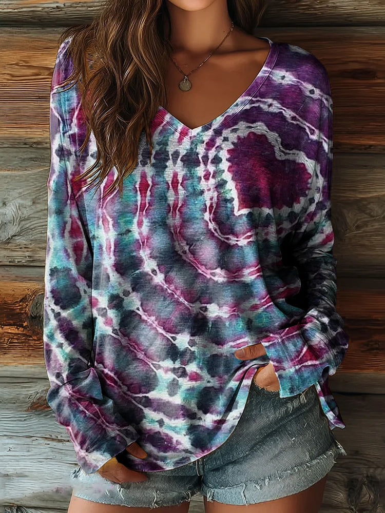 Women's Hippie Heart Tie-dye Art Print Casual V-neck Long Sleeve T-shirt