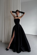 Black Strapless Sleeveless Long Split Pleated Prom Dress With Gloves YS0021