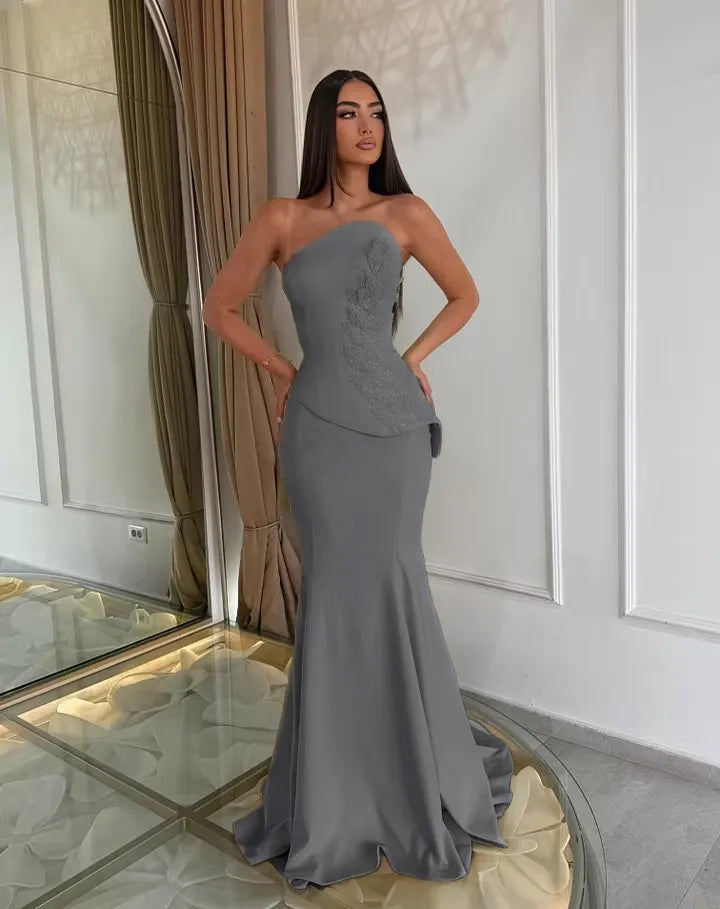 Cocoslly Strapless Sleeveless High Waist Long Mermaid Prom Dress With Appliques | Daffodil Satin LX0089