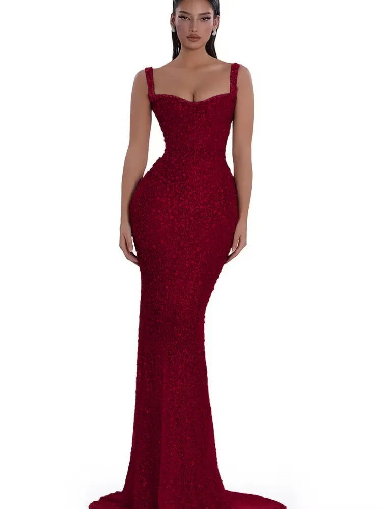 Cocoslly Spaghetti Straps Sleeveless High Waist Long Mermaid Prom Dress With Beading Pearls | Nude Champage Sequins JZ0120