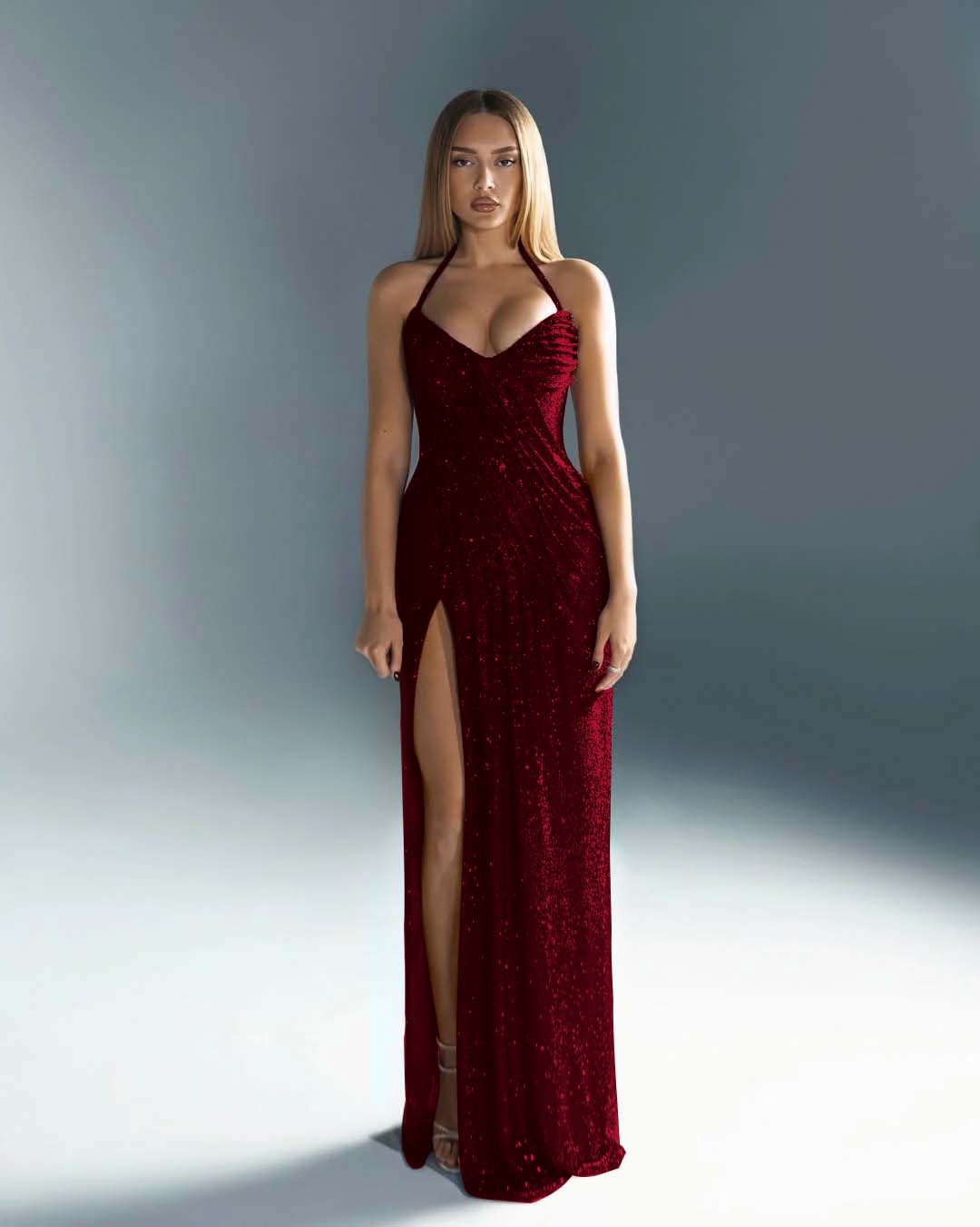 Halter V-Neck Strapless Sleeveless Long Mermaid Prom Dress With Split And Pleated YK0670