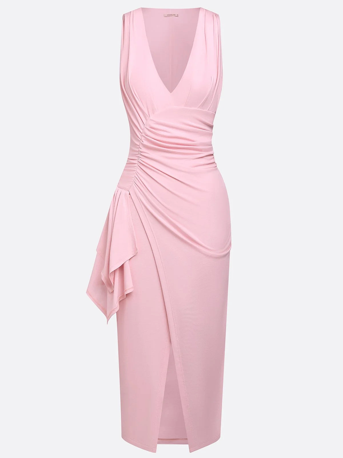 Pink Ruched Peplum Knit Lyocell Deep V Neck Sleeveless Bodycon Midi Dress