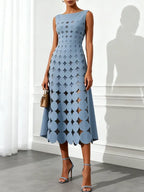 Blue Devore Classic Boat Neck Sleeveless A-Line Midi Dress
