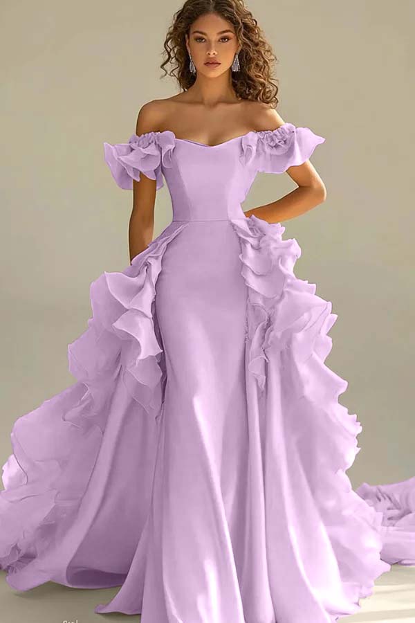 Off the Shoulder Sleeveless Long Mermaid Prom Dress With Ruffles JQ0149