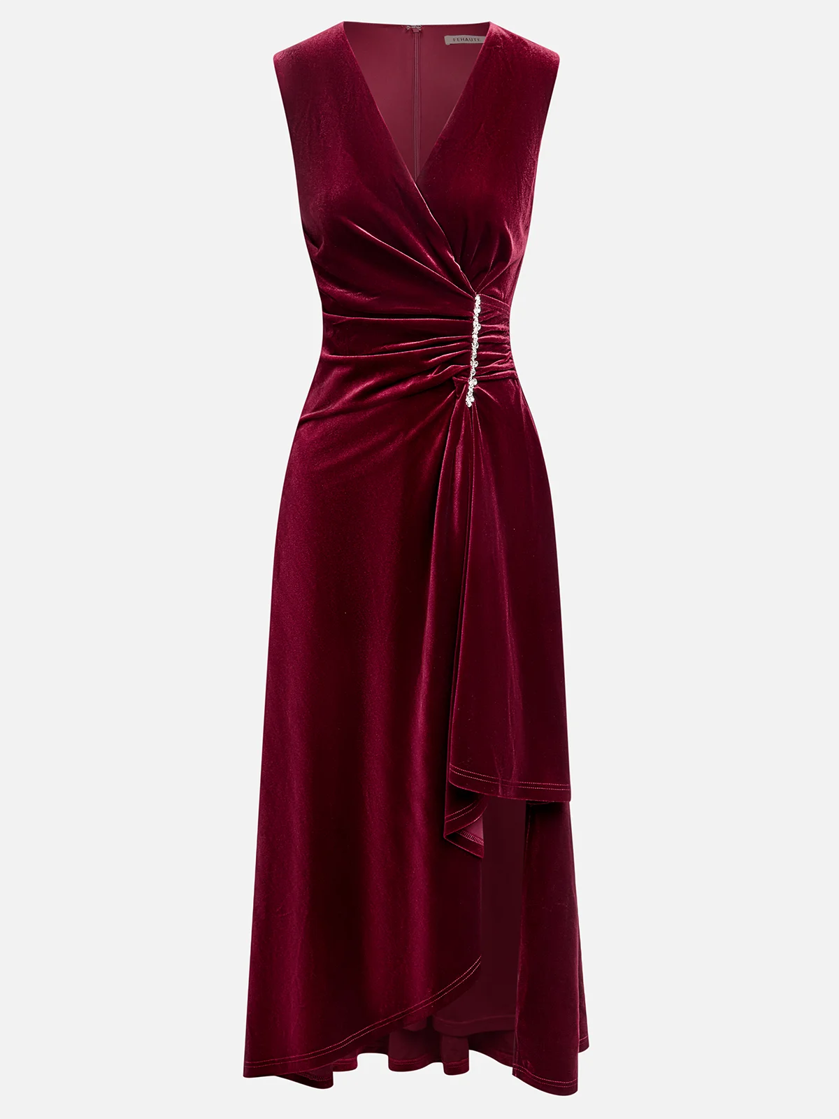 Wine Red Rhinestone Peplum Velvet V Neck Sleeveless A-Line Midi Dress