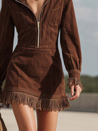 Women鈥檚 Denim Fringe Zip Front Fringe Mini Dress Western Chic Style