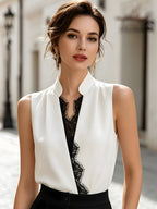 Sleeveless Lace Insert Wrap-Front Blouse