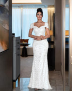 Cocoslly Short Sleeves High Waist Long Mermaid Prom Dress With Rhinstone | Silver Sequins YK1264
