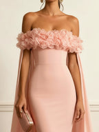 Pink 3D Floral Ruched Classic Off The Shoulder With Removable Cape Short Sleeve Mermaid Gown Dress