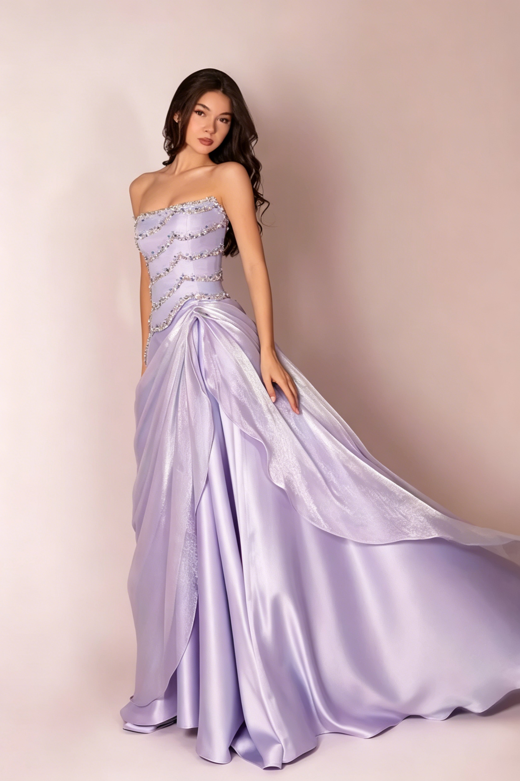 Cocoslly Strapless Sleeveless High Waist Long Prom Dress With Rhinstone And Beading Pearls | Baby Blue Satin LR0577