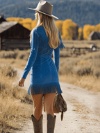 Retro Western Style Zippered Collar Blue Fringed Faux Suede Mini Dress