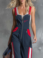 Retro Fahsion Sports Front Zipper Contrast Dark Blue Cotton Overalls Jumpsuit