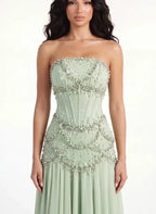 Cocoslly Strapless Sleeveless High Waist Long Prom Dress With Rhinstone | Dusty Sage Chiffon LX0090