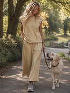 Retro-Casual Sports Light Yellow Cotton Crew-Neck Top And Cropped Pants Set