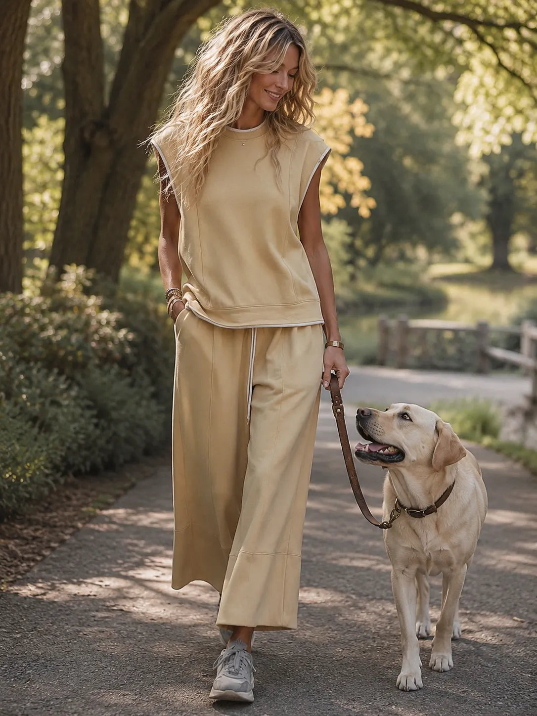 Retro-Casual Sports Light Yellow Cotton Crew-Neck Top And Cropped Pants Set