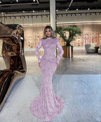 High Neck Long Sleeves Long Mermaid Prom Dress With Beading Pleated YK0512