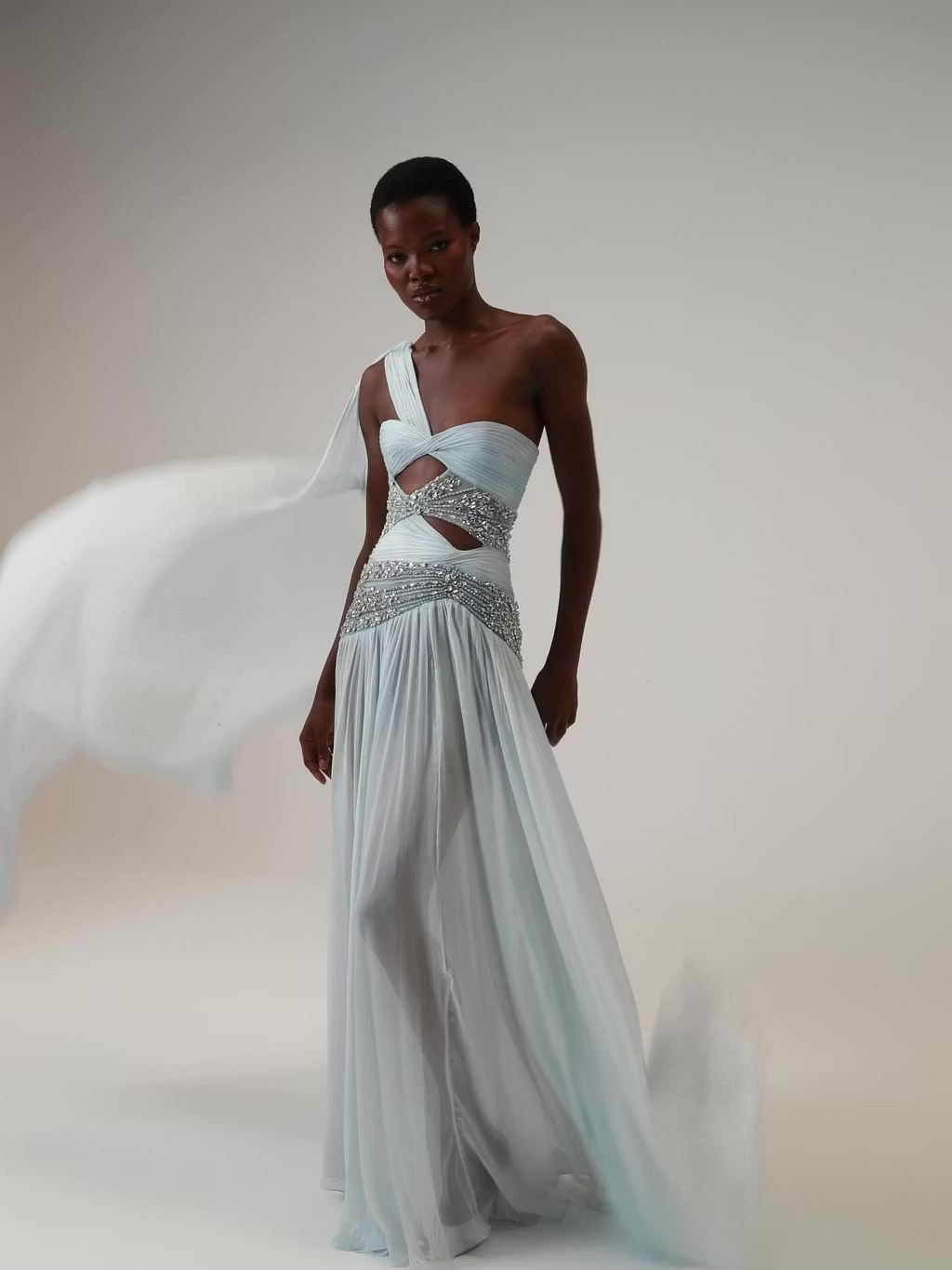 Cocoslly One Shoudler Sleeveless High Waist Long Prom Dress With Rhinstone | Ice White Chiffon YK1281