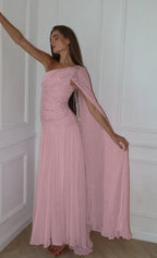 Cocoslly One Shoulder Sleeveless High Waist Long Prom Dress With Sequins | Pink Chiffon JZ0098