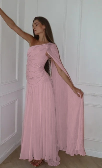Cocoslly One Shoulder Sleeveless High Waist Long Prom Dress With Sequins | Pink Chiffon JZ0098