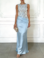 Light Pink Embroidery Satin Crew Neck Sleeveless Sheath Gown Dress