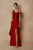 Cocoslly Wide Straps Sleeveless High Waist Long Prom Dress With Split And Ruffles | Glod Chiffon