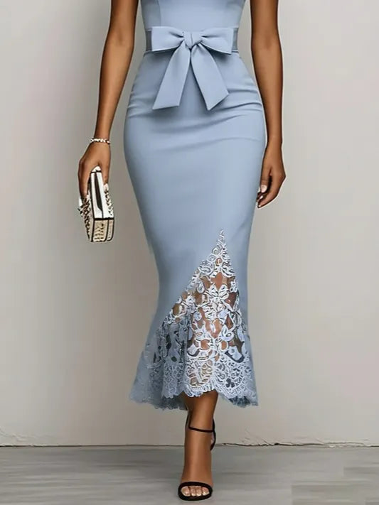 Light Blue Bow Lace Classic Sweetheart Neckline Sleeveless Mermaid Maxi Dress