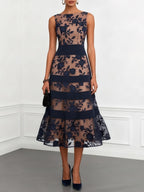 Purplish Blue Lace Jacquard Boat Neck Sleeveless A-Line Midi Dress
