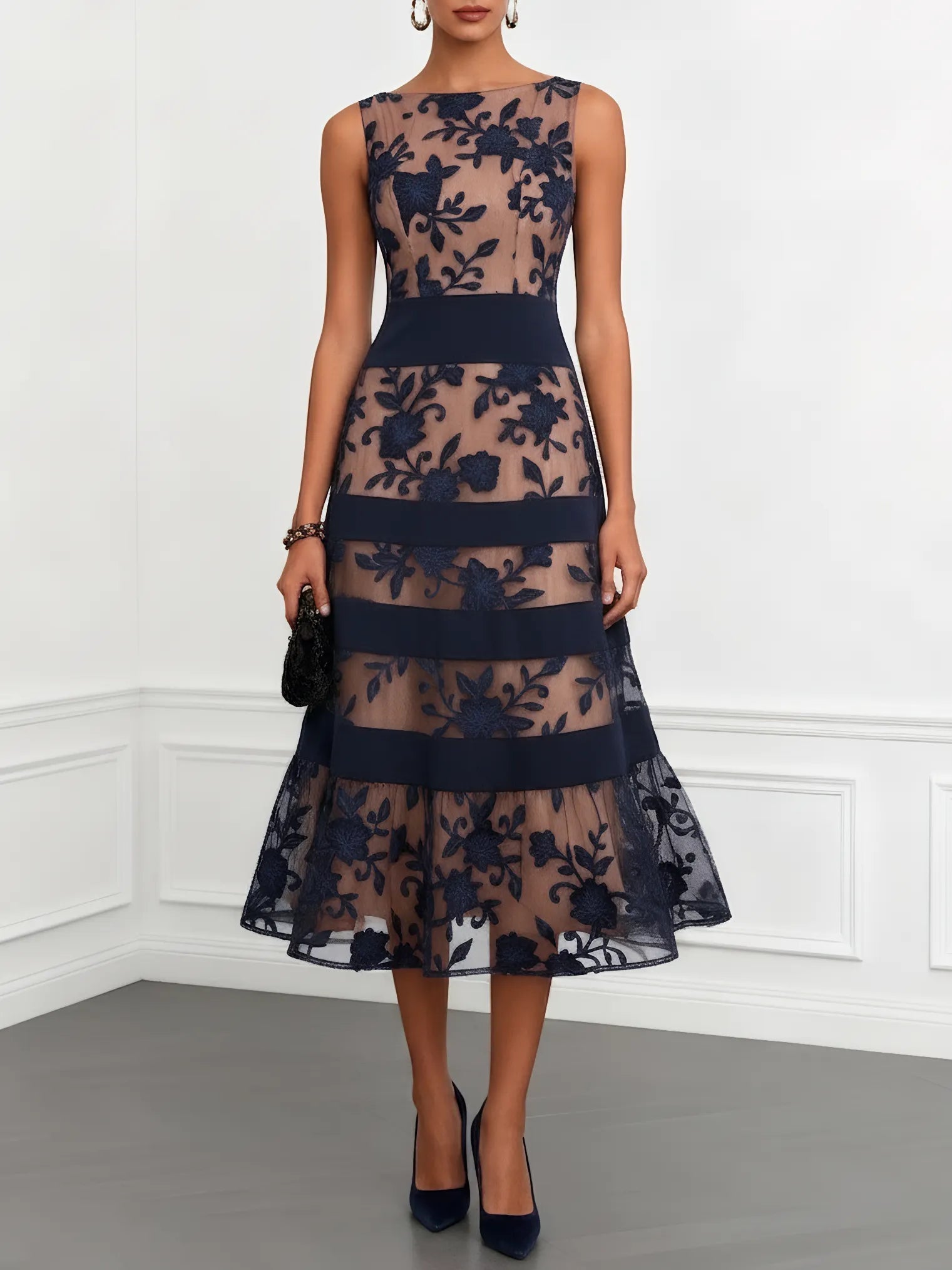 Purplish Blue Lace Jacquard Boat Neck Sleeveless A-Line Midi Dress