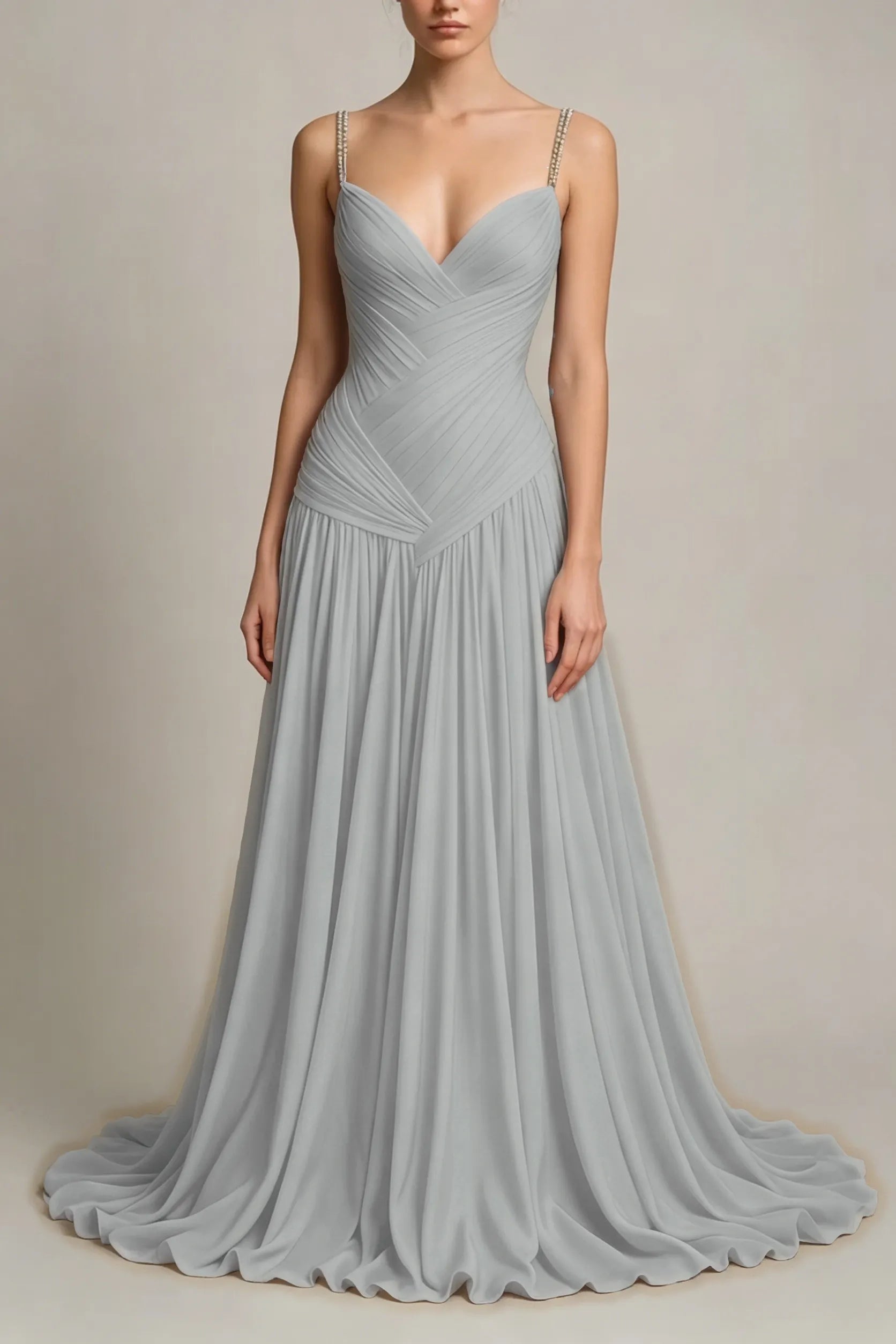 Cocoslly Spaghetti Straps Sleeveless High Waist Long Prom Dress With Pleated | Dusty Blue Chiffon LR0340