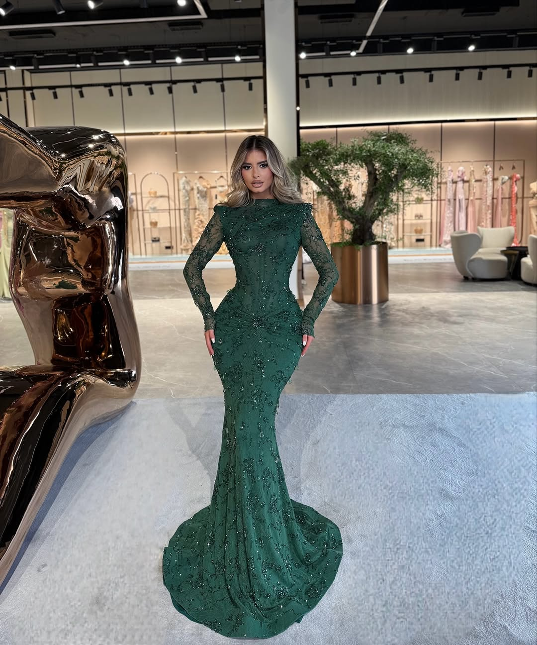 High Neck Long Sleeves Long Mermaid Prom Dress With Beading Pleated YK0512