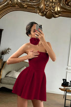 Cocoslly Strapless Sleeveless High Waist Short Prom Dress With Flower | Red Satin ZT0783