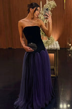 Cocoslly Strapless Sleeveless High Waist Long Prom Dress | Black And Dusty Blue Satin And Tulle YC0567