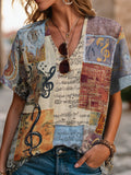 Women's Retro Hippie Style Music Symbol Print V-neck Short Sleeve Top
