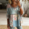 Women's Retro Floral In Patchwork Art Print Flowy Linen Blend Casual Tops