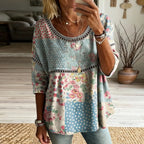 Women's Retro Floral In Patchwork Art Print Flowy Linen Blend Casual Tops