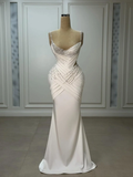 Satin V-Neck Spaghetti Straps Strapless Sleeveless Long Mermaid Prom Dress With Pleated And Beadings YK0743