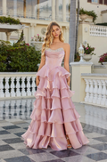 Cocoslly Strapless Sleeveless High Waist Long Prom Dress With Ruffles And Rhinstone | Dusty Rose Satin CO0145