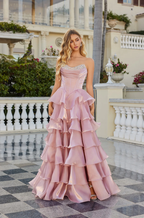 Cocoslly Strapless Sleeveless High Waist Long Prom Dress With Ruffles And Rhinstone | Dusty Rose Satin CO0145